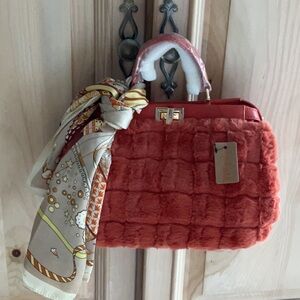 Elegant Coral Faux Fur Handbag with Maching Scarf NWT $35 Perfect for Fall!